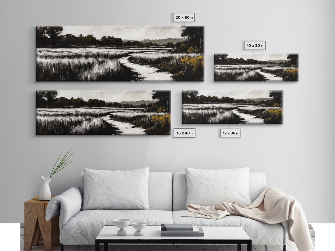 Black and White Marsh, Rustic Landscape, Moody Wall Art, Minimalist Nature Print, Framed Canvas Print, Bedroom Wall Decor