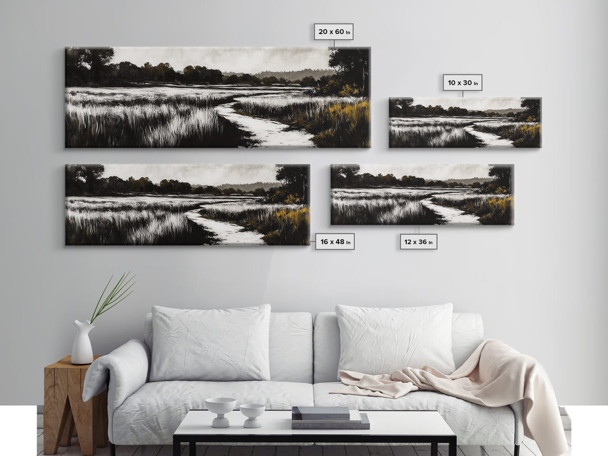 Black and White Marsh, Rustic Landscape, Moody Wall Art, Minimalist Nature Print, Framed Canvas Print, Bedroom Wall Decor