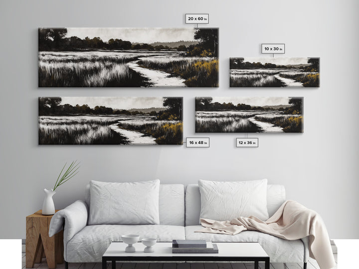 Black and White Marsh, Rustic Landscape, Moody Wall Art, Minimalist Nature Print, Framed Canvas Print, Bedroom Wall Decor