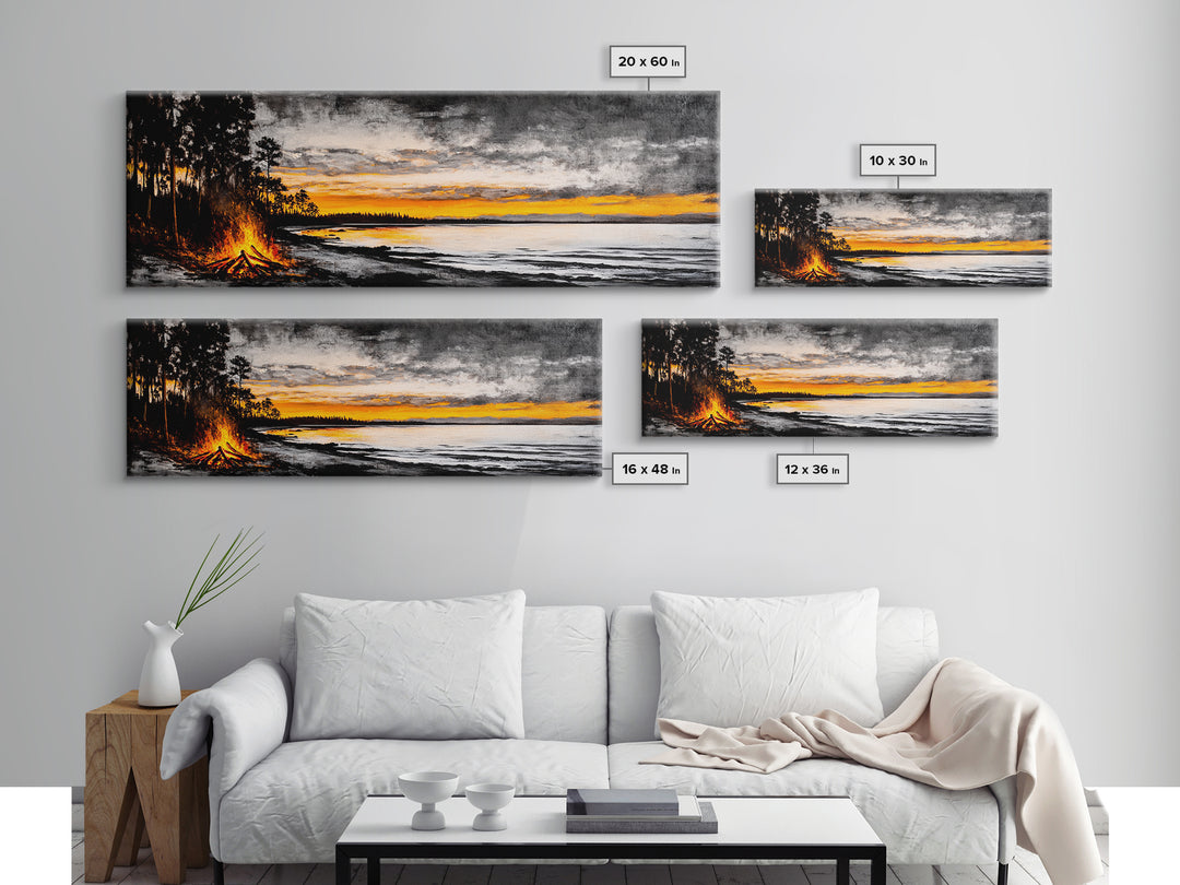 Campfire by Lake, Sunset Landscape Art, Cozy Rustic Print, Fall Wall Decor, Outdoor Adventure Canvas Print, Framed Canvas Print