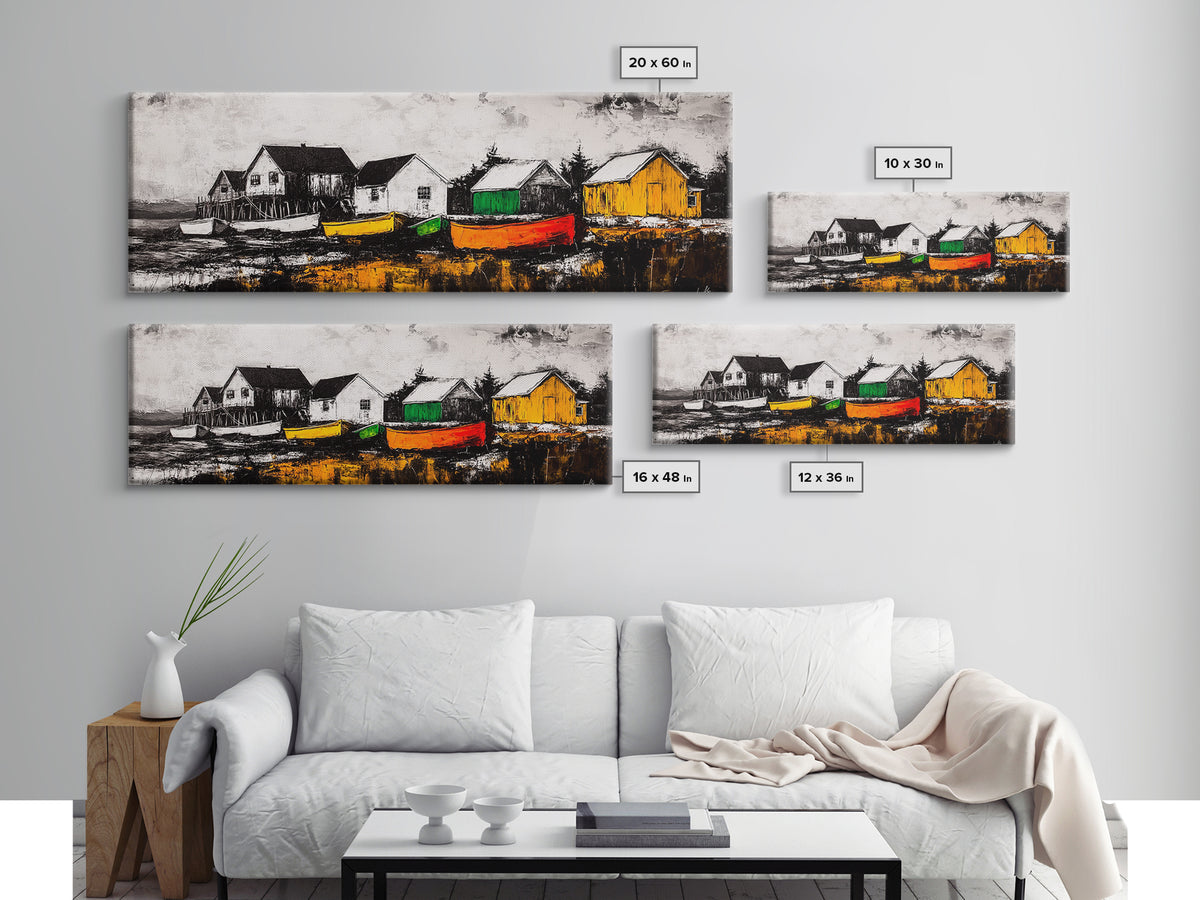 Coastal Village, Nautical Wall Art, Boat Painting, Framed Canvas Print, Beach House Decor, Seaside Landscape, Maritime Theme