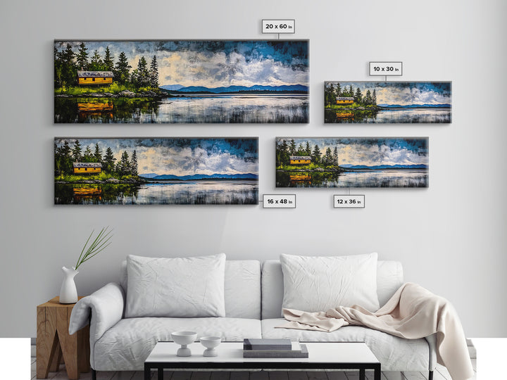 Cabin on the Lake, Peaceful Landscape, Nature Lover Art, Framed Canvas Print, Mountain View, Serene Wall Decor, Scenic Painting