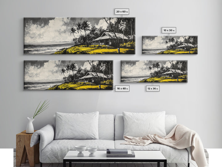Tropical Beach House, Coastal Landscape Painting, Black and White Palm Tree Print, Island Wall Decor, Relaxing Canvas Print, Framed Canvas Print