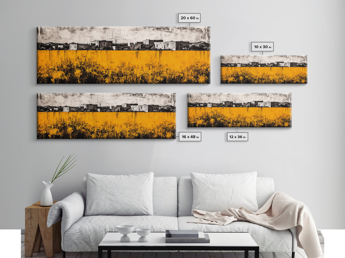 Desert Village, Southwestern Art, Yellow Landscape, Canvas Print, Rustic Wall Decor, Living Room Wall Art, Modern Abstract, Boho Aesthetic