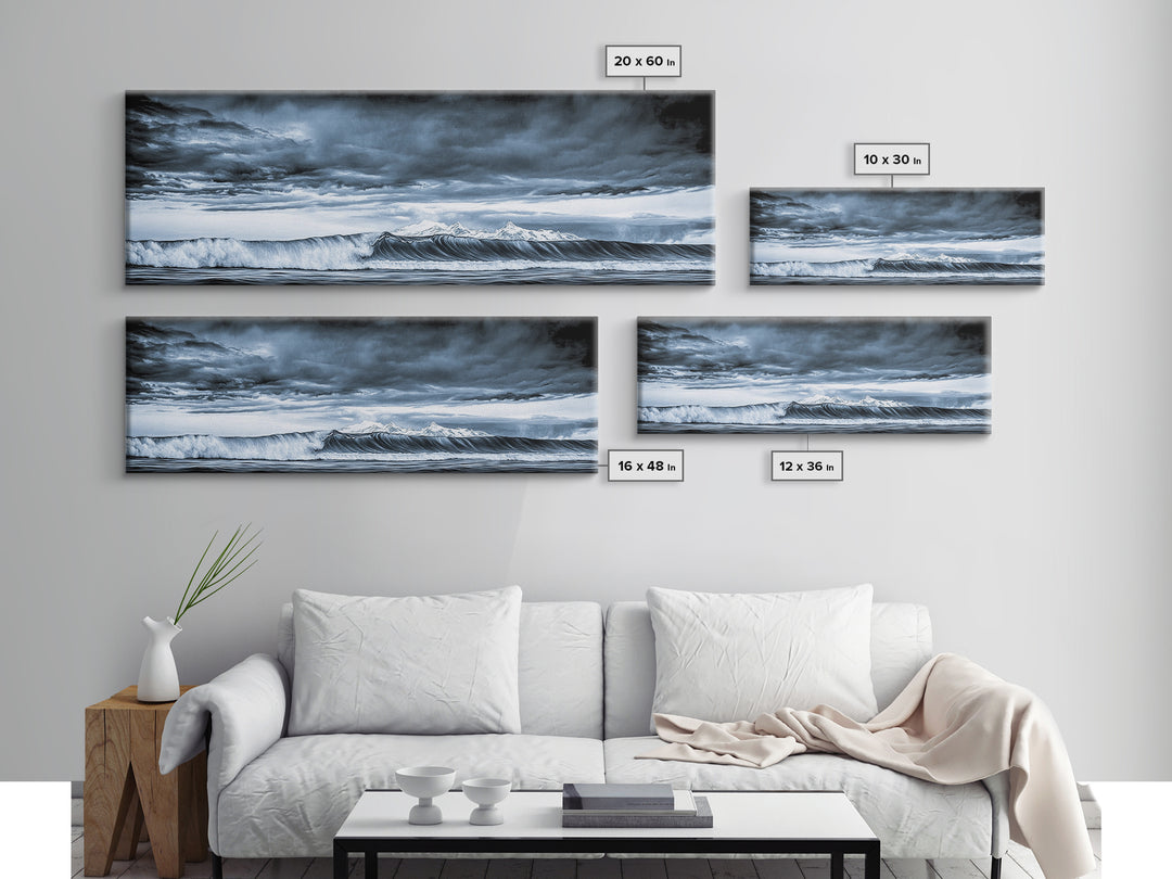 Blue Ocean, Stormy Waves, Mountain Seascape, Canvas Print, Coastal Wall Art, Nautical Home Decor, Living Room Art, Large Modern Print