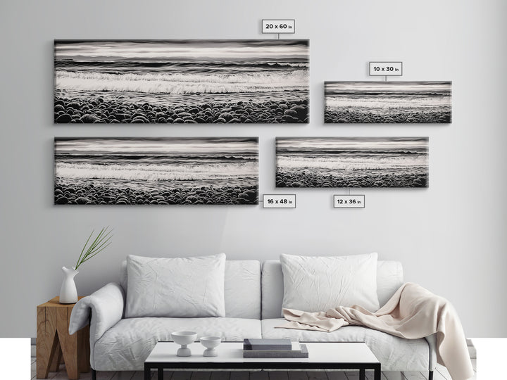 Black and White, Pebble Beach, Monochrome Ocean Art, Coastal Canvas Print, Minimalist Wall Art, Living Room Decor, Framed Canvas Print