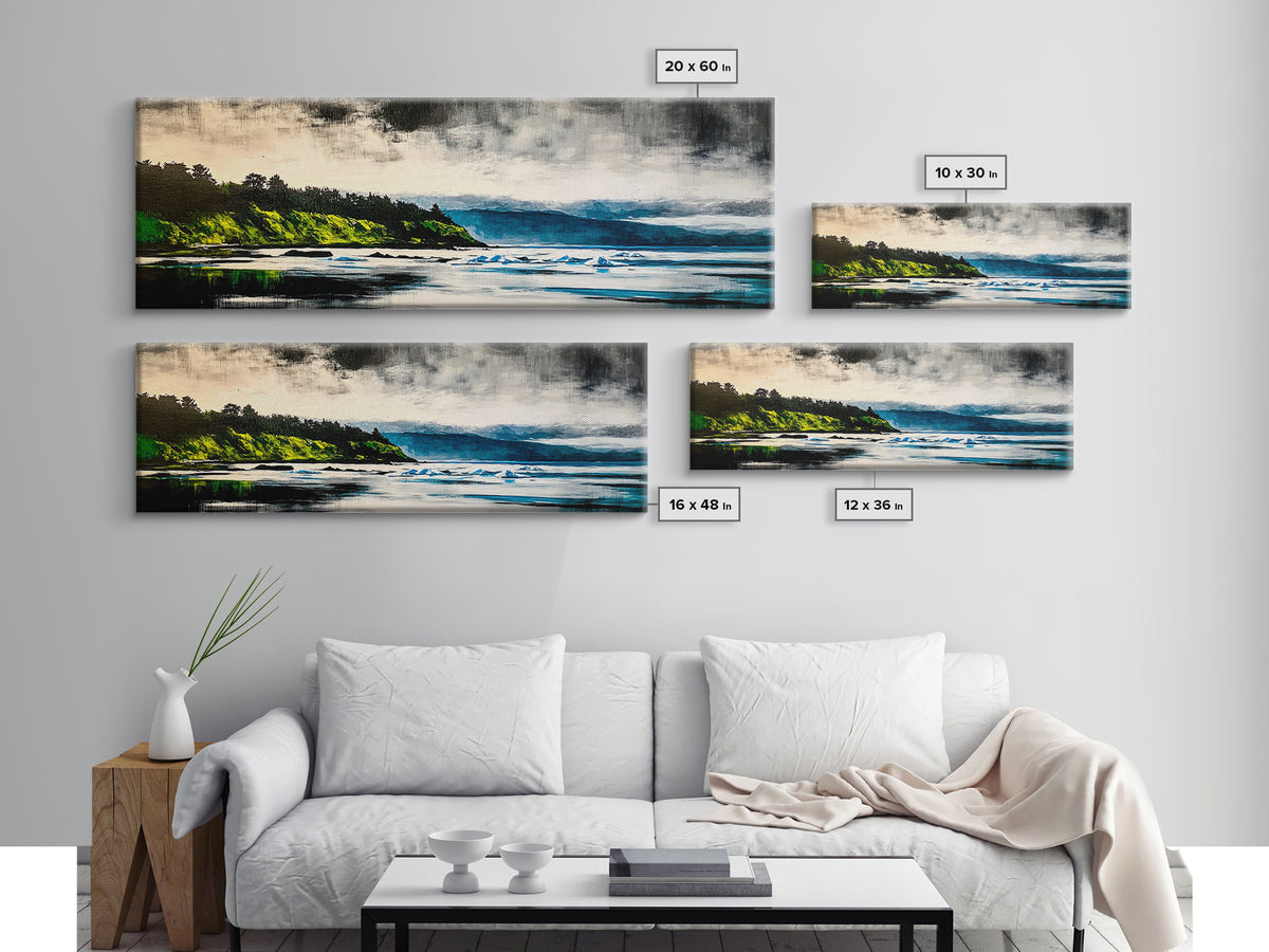 Coastal Wilderness, Green Cliffs and Water, Framed Canvas Print, Modern Nature Art, Living Room Wall Art, Bold Landscape Painting, Serene Decor