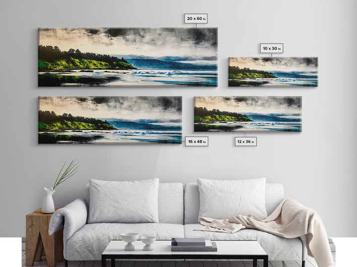 Coastal Wilderness, Green Cliffs and Water, Framed Canvas Print, Modern Nature Art, Living Room Wall Art, Bold Landscape Painting, Serene Decor