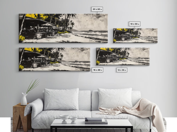 Beachside Restaurant, Ocean Waves, Coastal Cafe, Palm Trees, Framed Canvas Print, Tropical Wall Art, Living Room Art, Nautical Decor