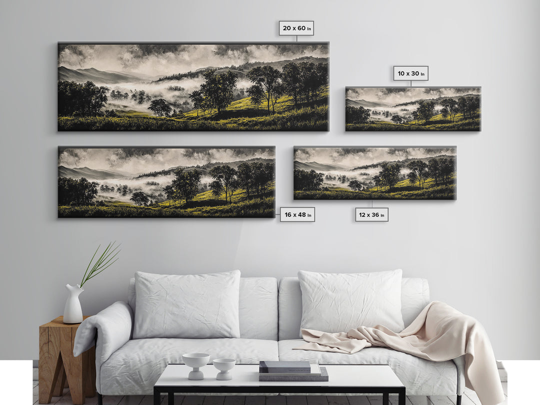 Rolling Hills, Misty Landscape, Moody Mountain Art, Nature Inspired Decor, Framed Canvas Print, Living Room Wall Art, Dramatic Foggy Scene