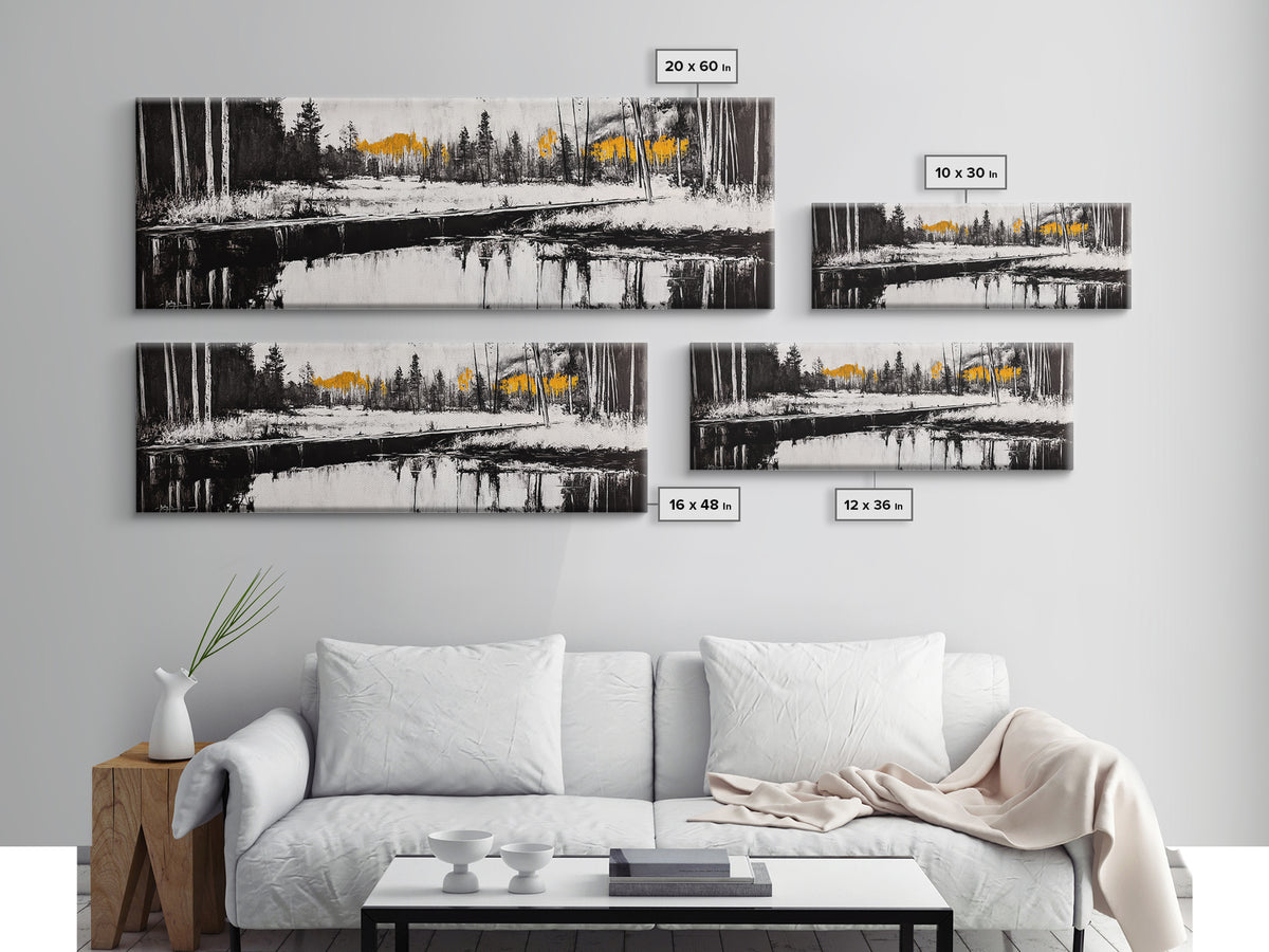Forest Reflection, Wooden Bridge, Still Water, Black and White, Framed Canvas Print, Minimalist Wall Art, Living Room Art, Nature Decor