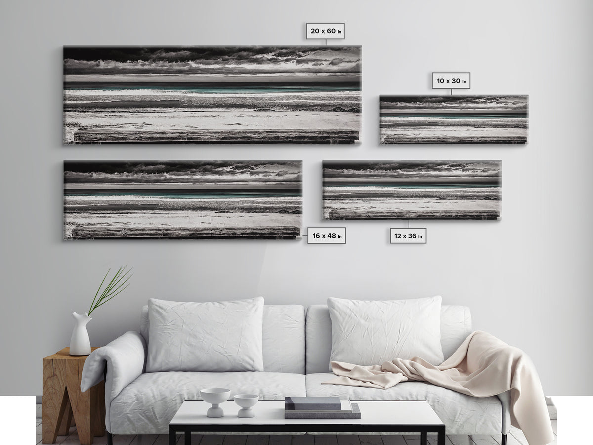 Ocean Bench, Beach Serenity, Black and White Seascape, Minimalist Art, Framed Canvas Print, Calm Coastal, Meditation Space