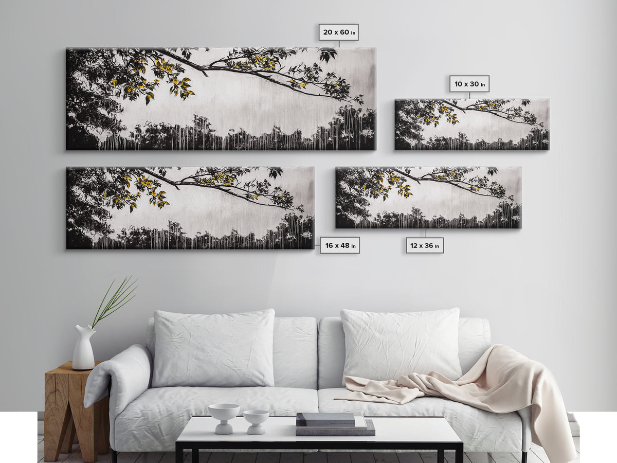 Black White, Dripping Leaves, Modern Art, Framed Canvas Print, Minimalist Decor, Neutral Wall Art, Living Room Wall Art, Monochrome Nature Scene