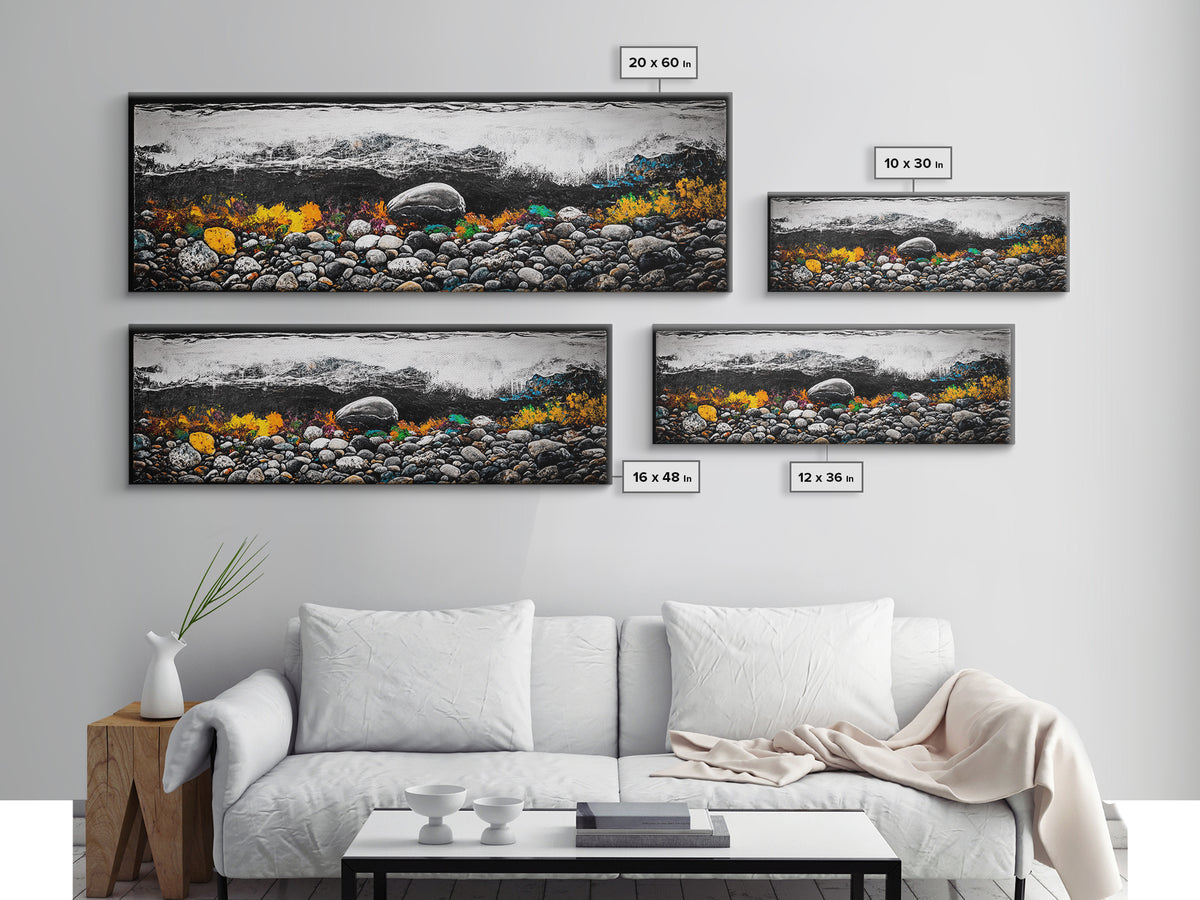 Pebble Beach, Ocean Waves, Coastal Rocks, Canvas Print, Nautical Home Decor, Beach House Art, Nature-Inspired Wall Art, Minimalist Seascape