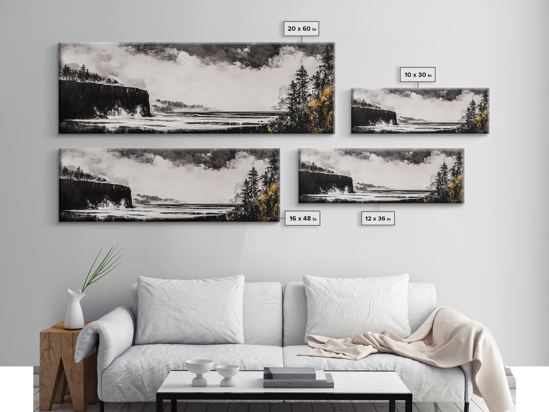 Cliffside Ocean, Dramatic Seascape, Moody Coast, Monochrome, Framed Canvas Print, Coastal Wall Art, Nautical Decor, Large Wall Art