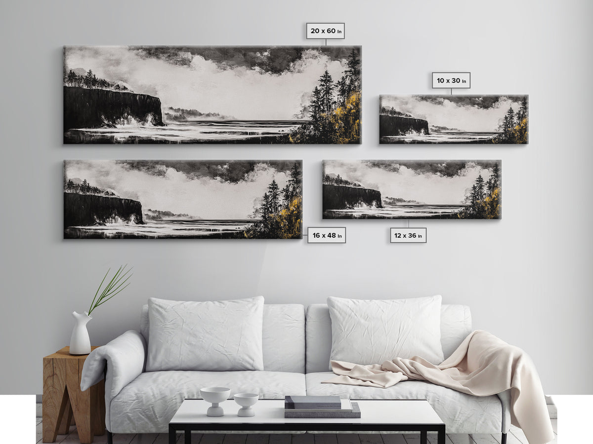 Cliffside Ocean, Dramatic Seascape, Moody Coast, Monochrome, Framed Canvas Print, Coastal Wall Art, Nautical Decor, Large Wall Art