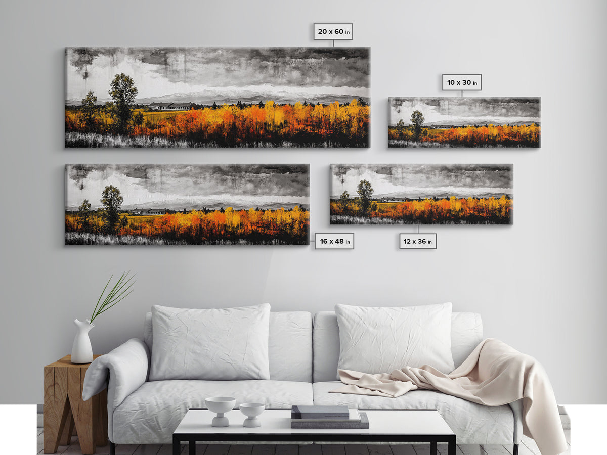 Autumn Landscape, Rustic Cabin Art, Mountain View, Fall Trees, Country Home, Black and White, Living Room Decor, Framed Canvas Print