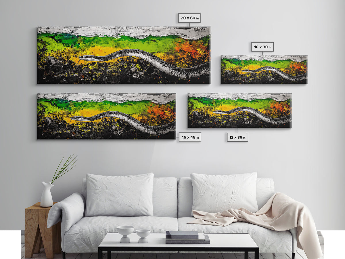 Abstract Snake, Vibrant Reptile Art, Jungle Theme, Wildlife Painting, Green and Yellow, Bold Nature Print, Framed Canvas Print