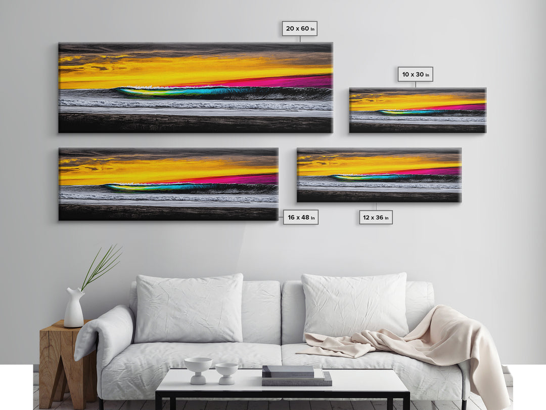 Ocean Wave, Sunset Beach Art, Vibrant Seascape, Coastal Decor, Surfer Gift, Blue and Yellow, Modern Wall Art, Canvas Print