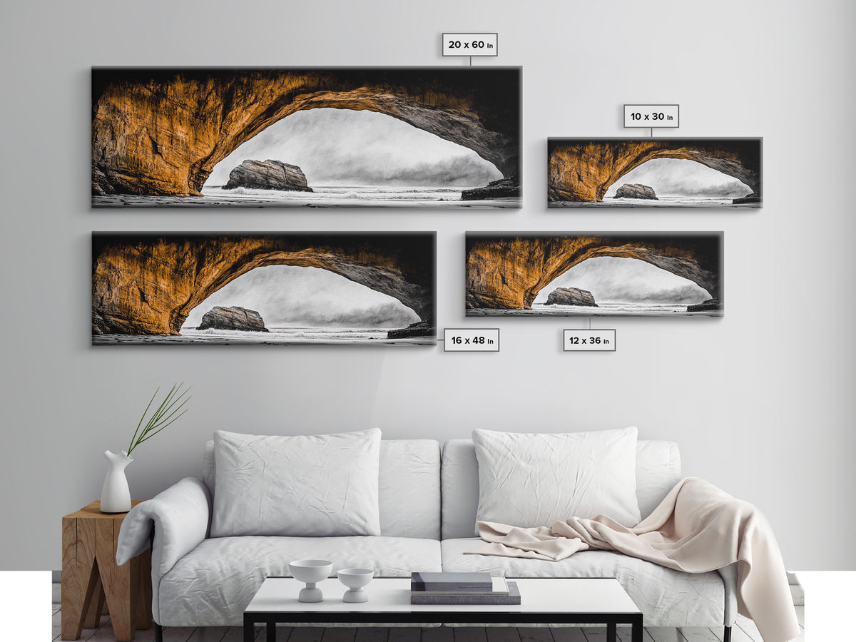 Natural Arch, Coastal Cliff Art, Black and White Landscape, Beach Rock Formation, Dramatic Seascape, Home Wall Decor, Canvas Print