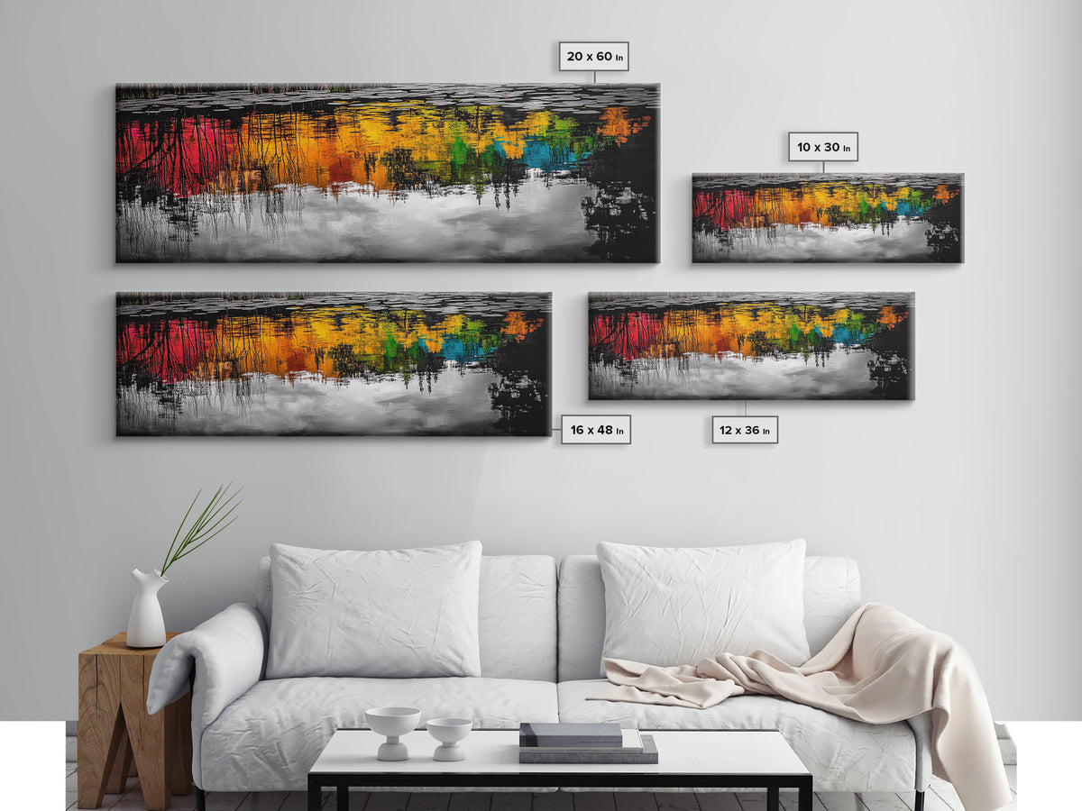 Colorful Reflection, Abstract Water Art, Nature Painting, Autumn Trees, Vibrant Colors, Black and White Contrast, Canvas Print