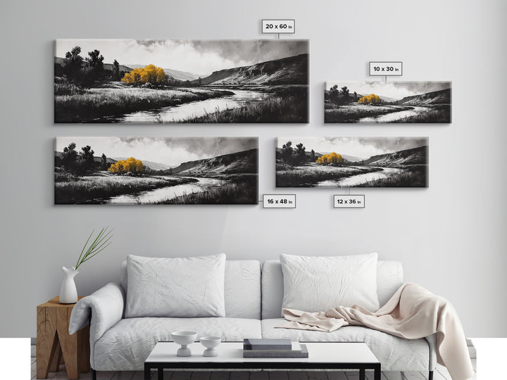 River Landscape, Rustic Nature Art, Black and White with Yellow Accent, Peaceful Scenery, Living Room Decor, Canvas Print