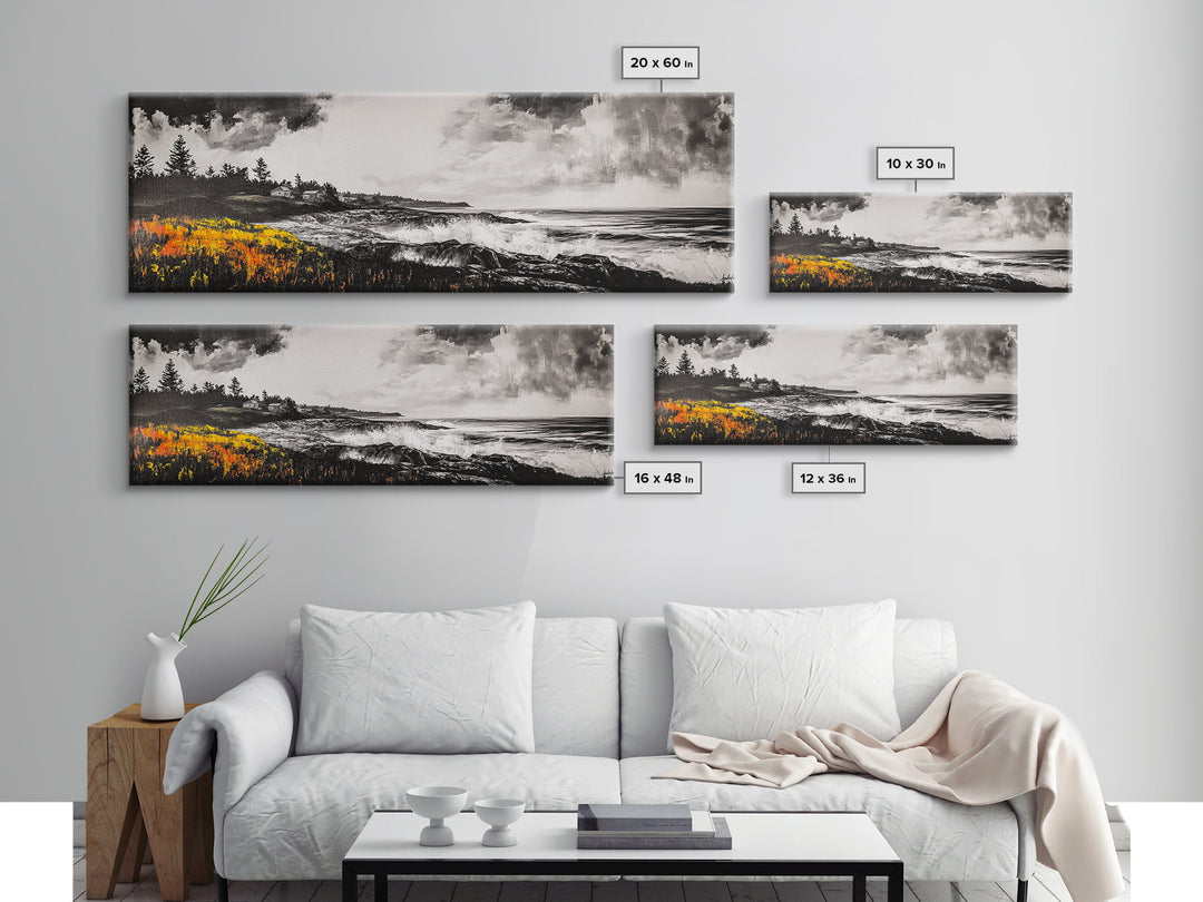 Coastal Storm, Monochrome Seascape, Bold Ocean Art, Framed Canvas Print, Black White Yellow, Living Room Wall Decor, Nautical Artwork