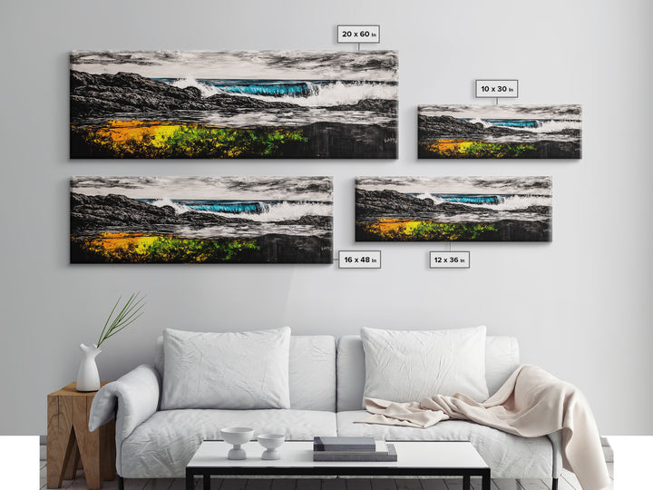 Rocky Shore, Crashing Waves, Black White Blue, Framed Canvas Print, Ocean Wave Painting, Surf Art, Minimalist Coastal Decor