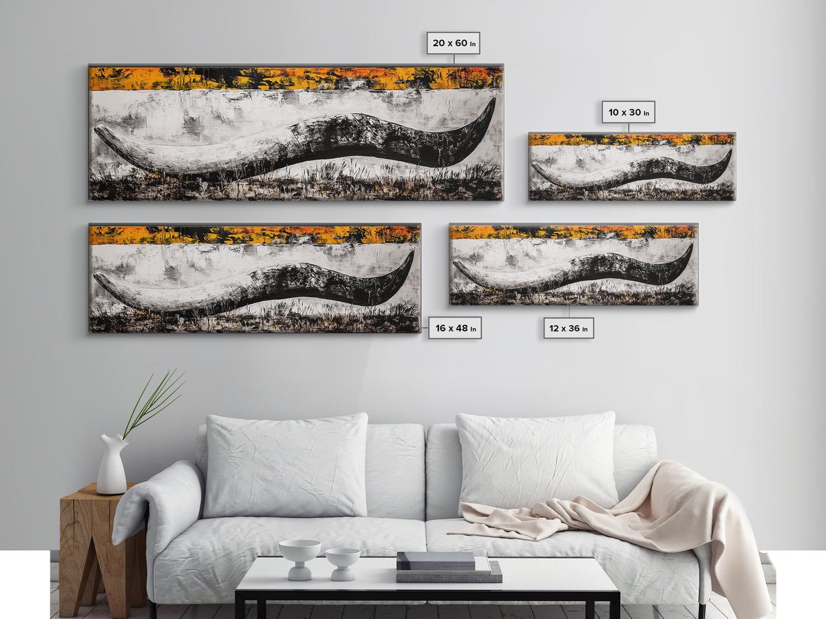 Abstract Horn, Western Wall Art, Longhorn Painting, Framed Canvas Print, Modern Farmhouse, Rustic Decor, Cowboy Wall Art, Black and White