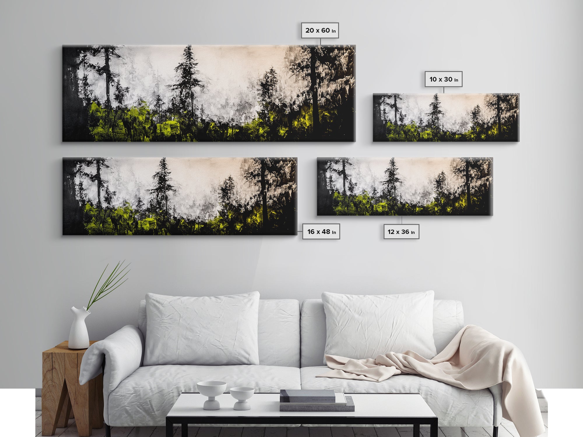 Misty Forest Painting, Black and White Landscape, Abstract Nature Art, Modern Minimalist Wall Art, Monochrome Decor, Framed Canvas Print