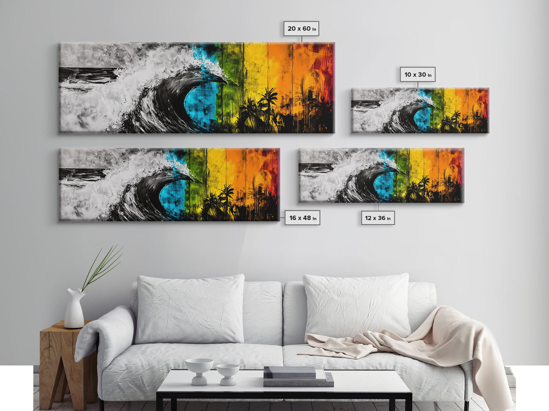 Ocean Wave Painting, Coastal Wall Art, Beach Sunset Decor, Tropical Nature Print, Vibrant Abstract Art, Framed Canvas Print