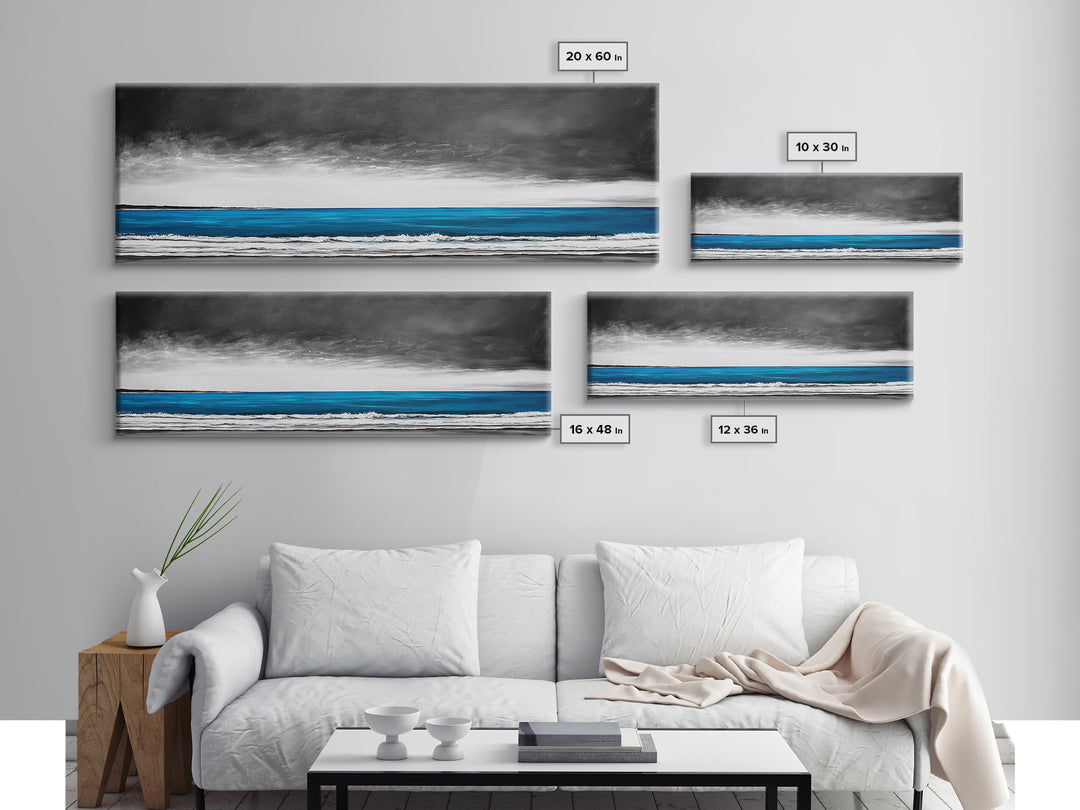 Blue Ocean, Moody Seascape, Coastal Wall Art, Minimalist Beach Scene, Black and White Decor, Framed Canvas Print, Bathroom Wall Art