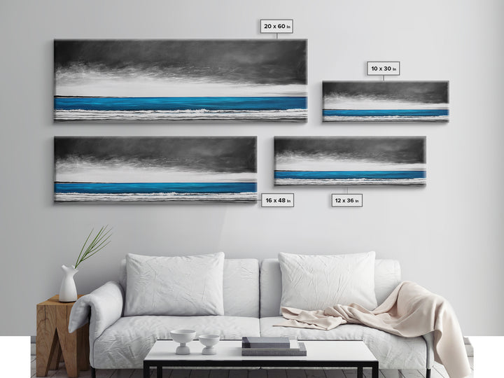 Blue Ocean, Moody Seascape, Coastal Wall Art, Minimalist Beach Scene, Black and White Decor, Framed Canvas Print, Bathroom Wall Art