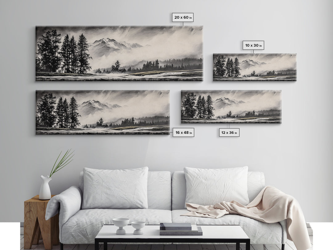 Mountain, Misty Landscape, Black and White, Forest, Framed Canvas Print, Large Wall Art, Minimalist Art, Modern Home Decor, Bedroom Wall Art
