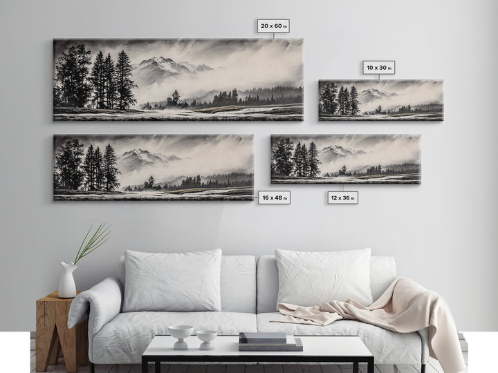 Mountain, Misty Landscape, Black and White, Forest, Framed Canvas Print, Large Wall Art, Minimalist Art, Modern Home Decor, Bedroom Wall Art