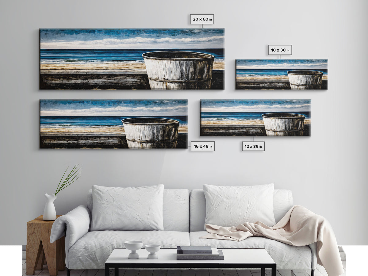 Beach Barrel, Nautical Wall Art, Coastal Home Decor, Canvas Print, Ocean Blue Wall Art, Rustic Seaside, Living Room Decor, Beach House Art