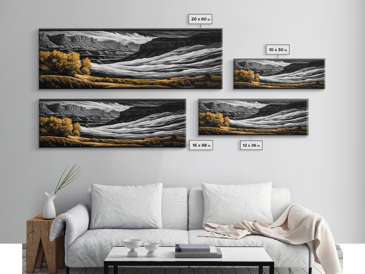 Desert Canyon, Black and White Landscape, Rustic Western Art, Framed Canvas Print, Fall Wall Art, Nature Photography Style
