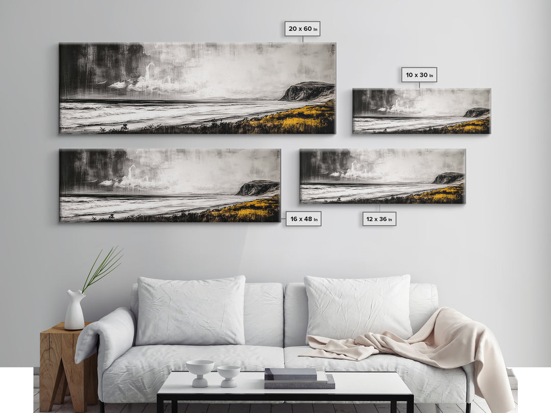 Rainy Coast, Moody Seascape, Black and White Art, Framed Canvas Print, Minimalist Wall Art, Beach House Decor, Ocean Landscape, Large Art