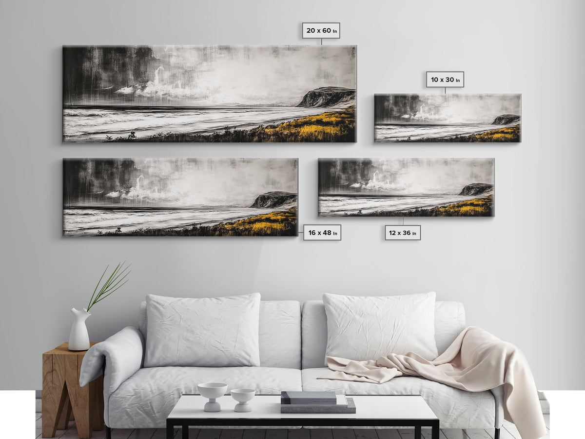 Rainy Coast, Moody Seascape, Black and White Art, Framed Canvas Print, Minimalist Wall Art, Beach House Decor, Ocean Landscape, Large Art