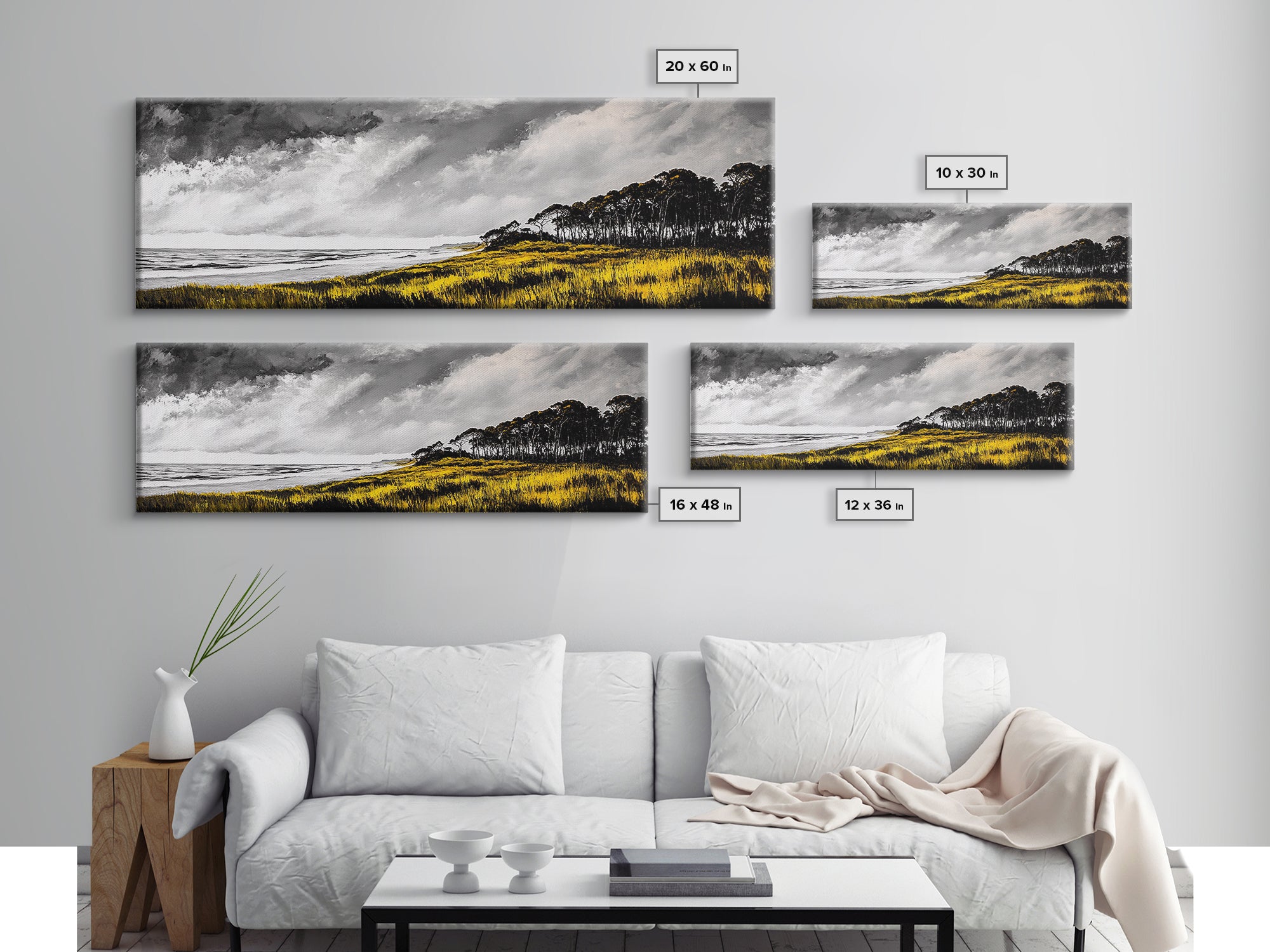 Coastal Serenity, Yellow Field, Stormy Sky, Canvas Print, Ocean Landscape, Beach House Art, Modern Nature Painting, Living Room Wall Decor