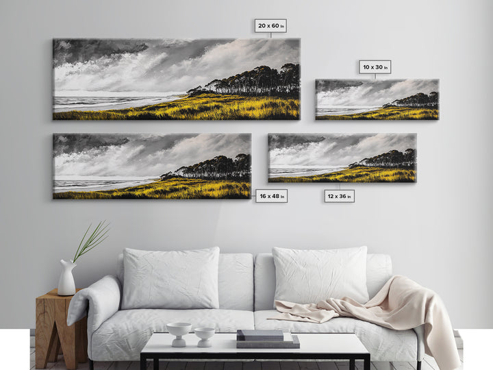Coastal Serenity, Yellow Field, Stormy Sky, Canvas Print, Ocean Landscape, Beach House Art, Modern Nature Painting, Living Room Wall Decor