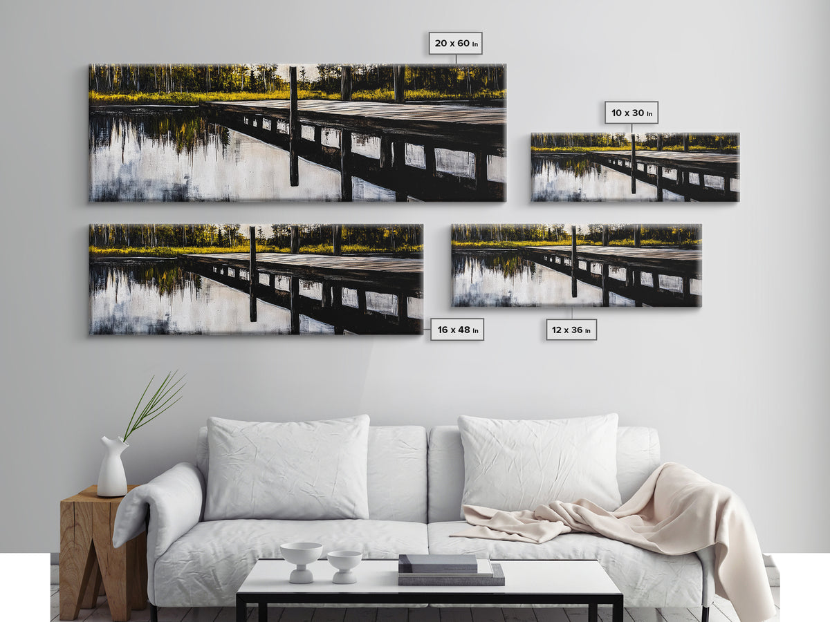 Lakeside Dock, Reflection Art, Serene Water, Framed Canvas Print, Tranquil Nature Scene, Rustic Cabin Decor, Woodland Wall Art, Large Art