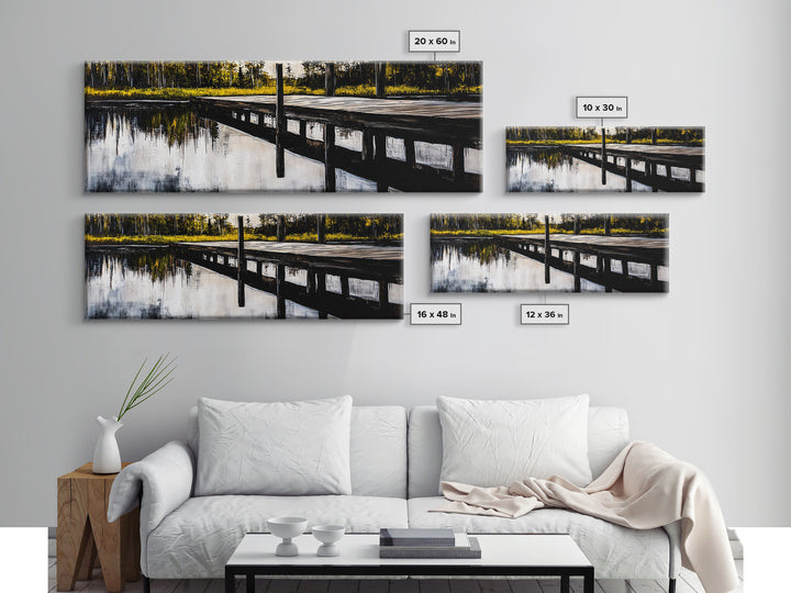 Lakeside Dock, Reflection Art, Serene Water, Framed Canvas Print, Tranquil Nature Scene, Rustic Cabin Decor, Woodland Wall Art, Large Art