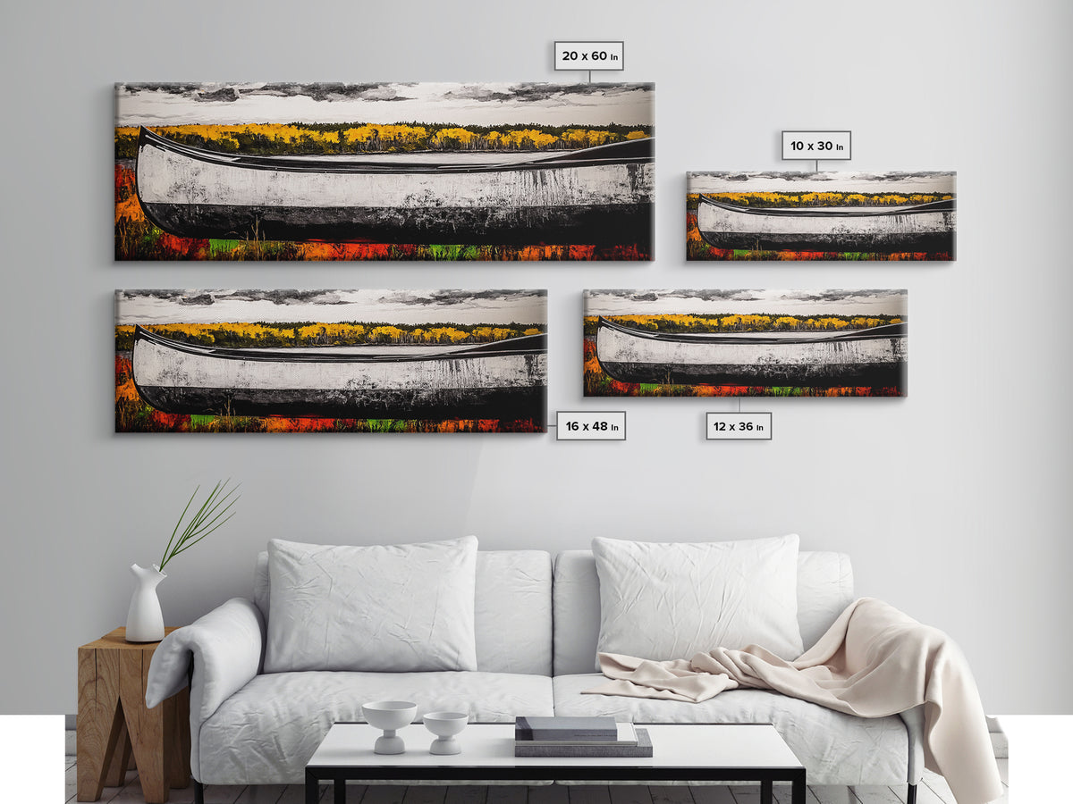 Autumn Canoe, Rustic Lake Art, Nature Wall Decor, Canvas Print, Fall Landscape Painting, Outdoor Adventure Art, Cabin Wall Art, Canoe Artwork