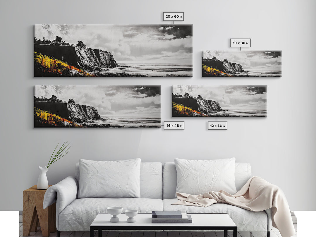 Coastal Cliff Painting, Black and White Seascape, Ocean View Artwork, Modern Nautical Decor, Beach House Wall Art, Framed Canvas Print