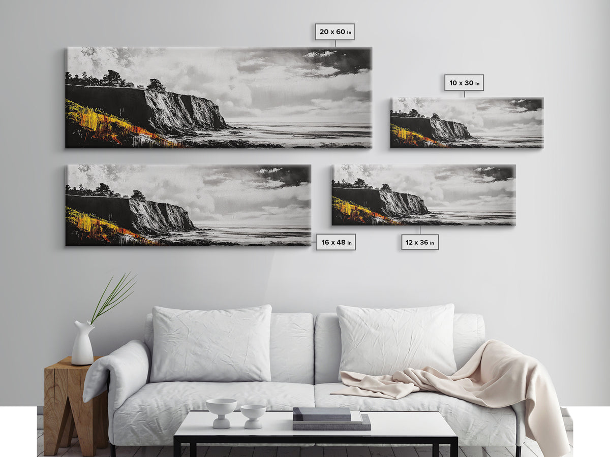 Coastal Cliff Painting, Black and White Seascape, Ocean View Artwork, Modern Nautical Decor, Beach House Wall Art, Framed Canvas Print