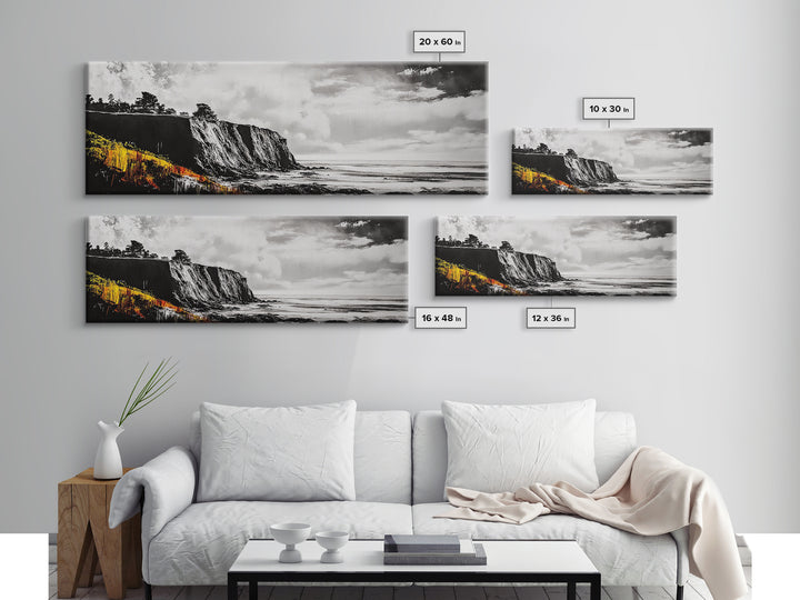 Coastal Cliff Painting, Black and White Seascape, Ocean View Artwork, Modern Nautical Decor, Beach House Wall Art, Framed Canvas Print