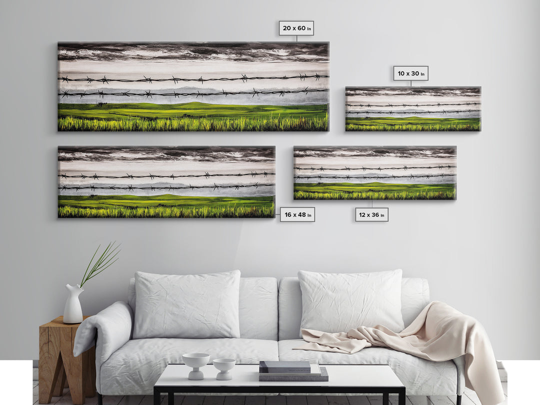 Barbed Wire Art, Rural Landscape Print, Farmhouse Wall Decor, Countryside Canvas Print, Rustic Living Room Art, Framed Canvas Print