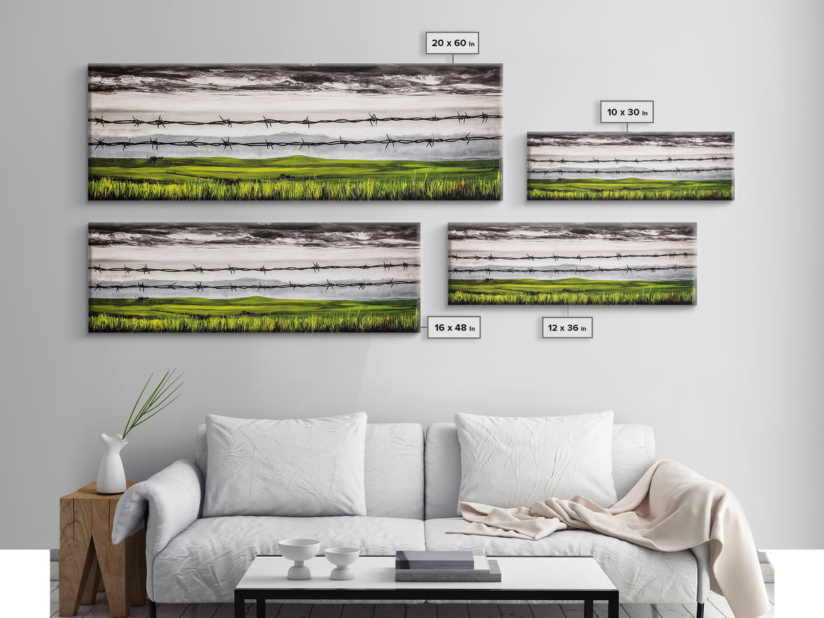 Barbed Wire Art, Rural Landscape Print, Farmhouse Wall Decor, Countryside Canvas Print, Rustic Living Room Art, Framed Canvas Print