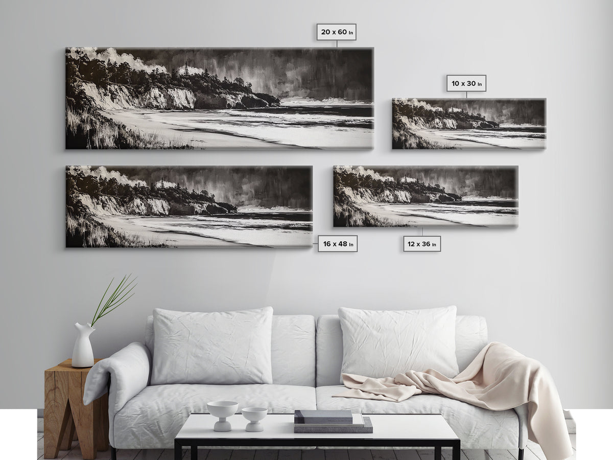 Bold Coastal Cliff, Monochrome Seascape Painting, Dramatic Nature Wall Art, Minimalist Ocean Print, Modern Home Decor, Framed Canvas Print